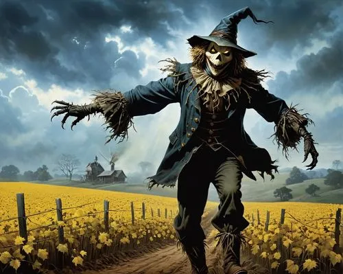 scarecrow,scarecrows,dodge warlock,guy fawkes,grimm reaper,straw man,witch broom,pilgrim,brook avens,wicked witch of the west,wizard of oz,scare crow,dance of death,magus,danse macabre,hag,halloween poster,helloween,the wizard,reaper,Conceptual Art,Fantasy,Fantasy 29