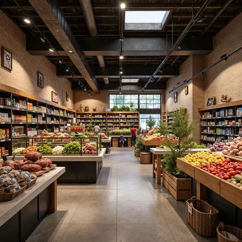 Vibrant grocery store interior, polished concrete floors, wooden shelves, matte metal racks, glass display cases, ceramic tile walls, natural stone countertops, earthy tone color scheme, modern indust