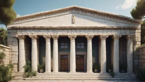 Classical building, ancient Greek temple, columns, symmetrical facade, golden ratio composition, balanced proportions, harmonious layout, stone material, marble texture, subtle architrave, ornate frie