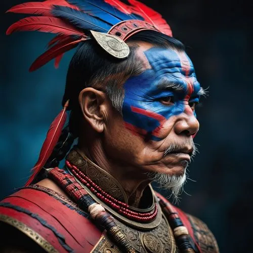 Imagine portrait photo of a asia old warrior chief, tribal panther make up, blue on red, side profile, looking away, serious eyes, 50mm portrait photography, hard rim lighting photography--beta --ar 2