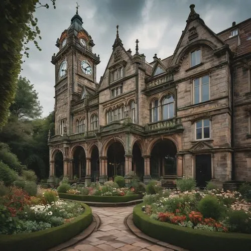 Gerrard's Cross, UK, Victorian-era inspired architectural design, grandeur building, intricate stone carvings, ornate facades, symmetrical composition, clock tower, rusticated base, arched windows, co