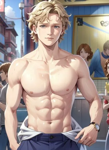 shirtless cody simpson , sweaty, ,armpit hair, curly hair with highlights,a man wearing swim trunks standing on a street,pectorals,edge muscle,adrien,tidus,baras,toshinori,Anime,Anime,General