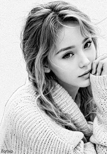 black and white pograph of a woman wearing a sweater,lily-rose melody depp,chachi,moretz,mccurdy,bridgit,hailey,Design Sketch,Design Sketch,Black and white Comic