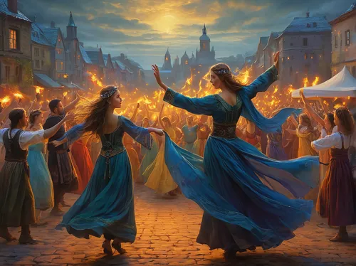 Under the embrace of the Sowilo rune, a spellbinding dance takes place at a summer solstice celebration. Capture the magical atmosphere in vivid detail.,the pied piper of hamelin,celtic woman,folk-dan