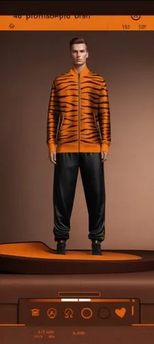 Digital drawing on tracksuit with black shoes with dark brown shoes with tiggery design with brown shoes with high t-shirts neck with black and dark orange with zipper with brown shoes With tiggery de