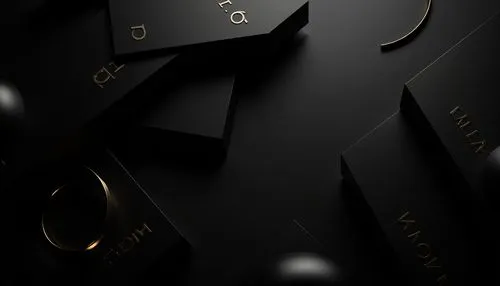 Dark mysterious atmosphere, black sleek surfaces, modern minimalist design, bold typography, dramatic shadows, high-contrast lighting, luxurious textures, metallic accents, sophisticated color palette