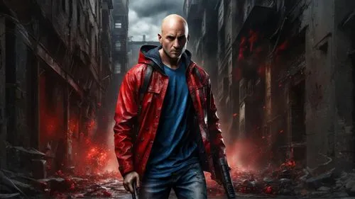   A Bald adult wearing a red jacket holding Zoom in , Fast motion video, Tracking subject, Sunlight glinting off the asphalt, “A post-apocalyptic cityscape, with  urban Cityscape and survivors running