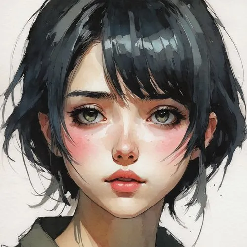 Generate an anime face with blushing cheeks and a shy, downward gaze.,kommuna,shimei,jurata,kawakami,mikasa,kanno,girl portrait,hoshihananomia,marinette,krita,vector girl,alita,overpainting,digital pa