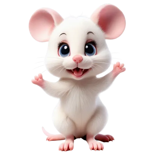 Cartoon mouse, free pose, white fur, pink ears, bright eyes, whiskers, sitting on haunches, front paws together, cute expression, soft focus, warm lighting, shallow depth of field, pastel color tone.,