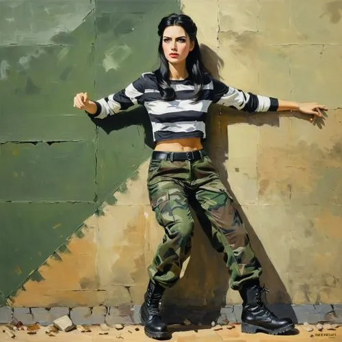 A female character about soldier, get a revenge.

Hairstyle: black haired long straight hair

Clothes: Black-and-white cropped long-sleeves top, combat-cargo pants with camouflage pattern and a black 