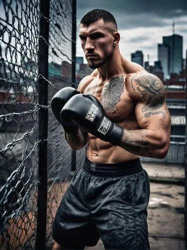 MMA fighter, muscular man, tattooed arms, intense gaze, sweat-drenched face, athletic wear, boxing gloves, punching bag, urban training ground, graffiti-covered walls, cityscape in background, dramati