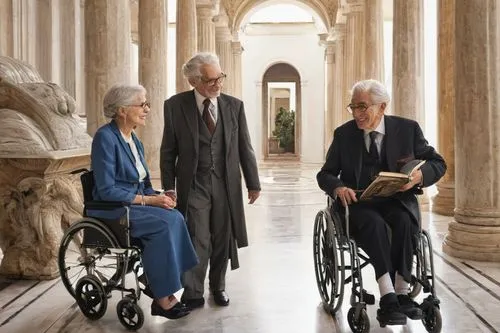 Elderly people, mixed genders, 60-80 years old, gentle smiles, wrinkled skin, gray hair, reading glasses, elegant attire, blazers, trousers, skirts, canes, wheelchairs, strolling, observing, interacti