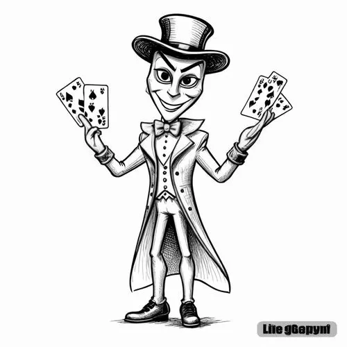 a man in top hat holding cards in his hands,ringmaster,magician,suit of spades,collodi,the magician,hatter,Design Sketch,Design Sketch,Black and white Comic