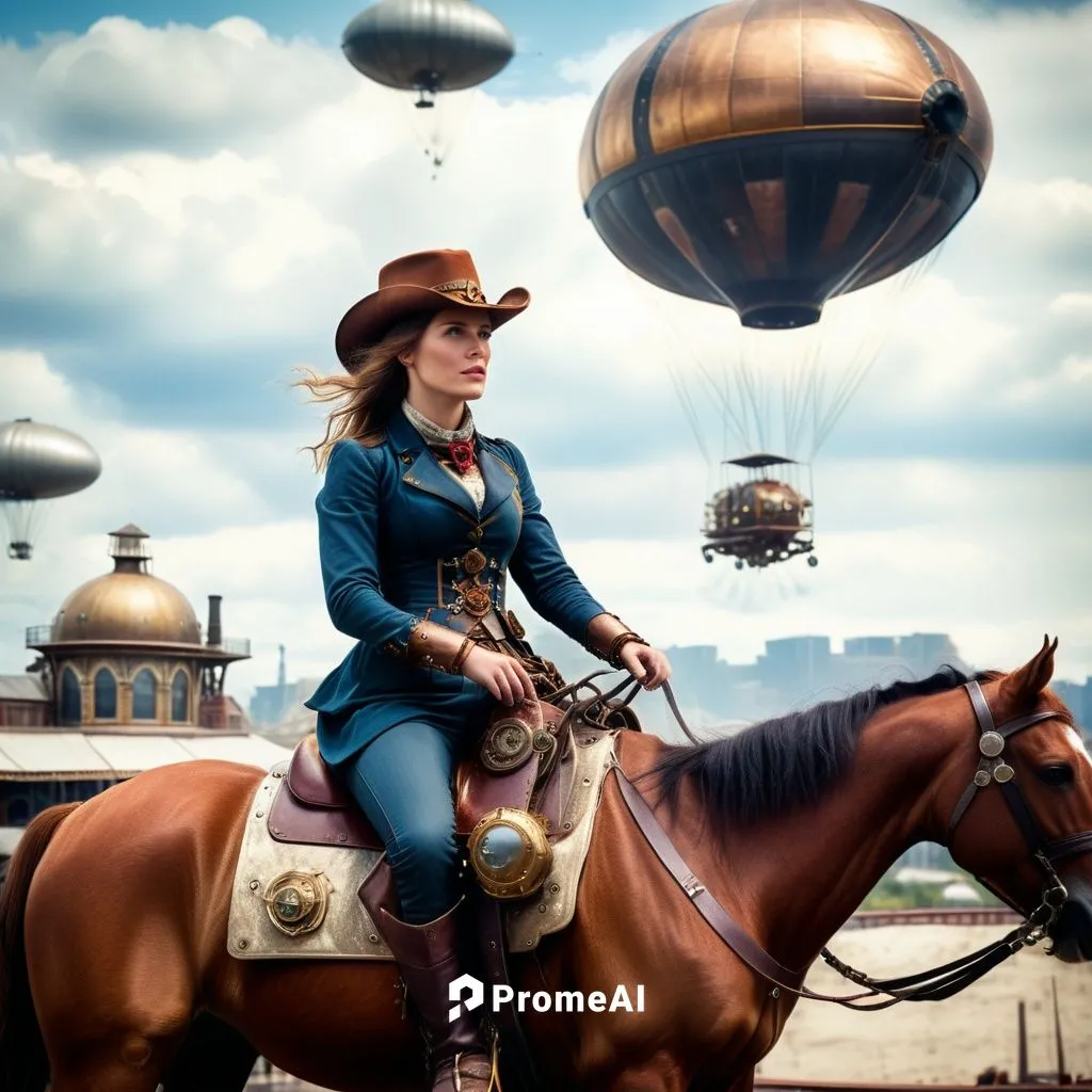 Ein cowgirl das auf einem Pferd gemächlich durch eine Steampunk Metropole reitet und hin und wieder ein paar Pasagier und Frachtzeppeline sowohl an den Landeplätzen als auch in der luft zu beobachten,