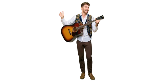 Happy Saint John, festive male, 30s, short beard, messy hair, bright blue eyes, golden earring, white shirt, colorful embroidered vest, dark brown pants, leather belt, sandals, holding a guitar, danci