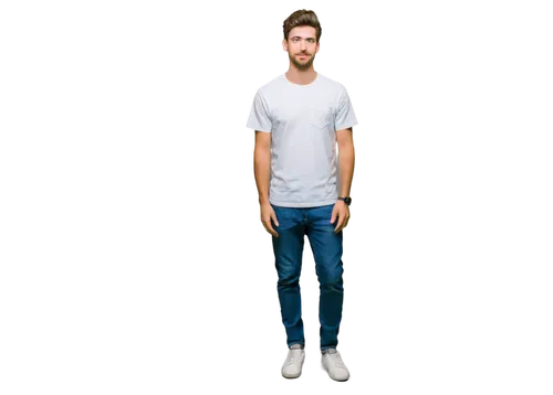 Young adult male, casual wear, white graphic t-shirt, dark blue jeans, black sneakers, relaxed posture, hands in pockets, messy brown hair, bright blue eyes, slight smile, soft facial features, subtle