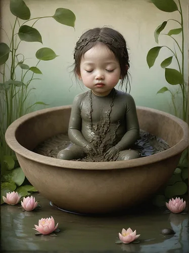 In a spa retreat, you indulge in a mud bath for its therapeutic properties. Describe the sensation as the mud covers your body, easing your muscles.,water lotus,lotus position,sacred lotus,lotus bloss