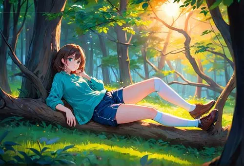 the serene landscape of a caucasian girl's home comes alive as she gazes down on a forest of emerald green leaves. She wears a cozy blue blouse and a black top, and a cozy blue shorts white socks, whi