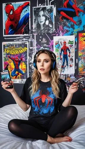  (Elizabeth Olsen)) geek gothic sitting on the bed,with large headphone jack ((reading magazine,drinking coffee)) ((action pose )) (((black spiderman T-shirt))) west babydoll lingerie wear,night ,(((l