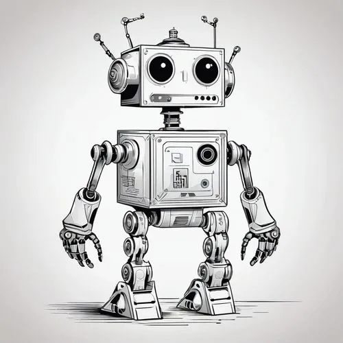 A black and white sketch of an anthropomorphic robot with a boxy head and large, circular eyes that convey a sense of curiosity or innocence. The body of the robot is constructed of various geometric 