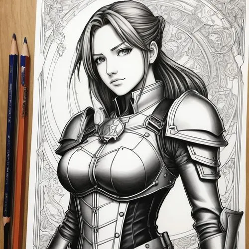 female warrior,eldena,barda,fiora,liefeld,mono-line line art,Illustration,Black and White,Black and White 27