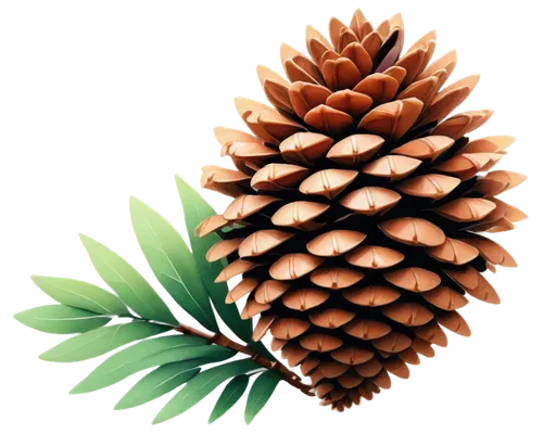 Pine cone, cartoon style, brown scales, green leaves, tiny branches, detailed texture, soft shading, vibrant colors, whimsical composition, 45-degree angle view, warm lighting, doodle art style, simpl