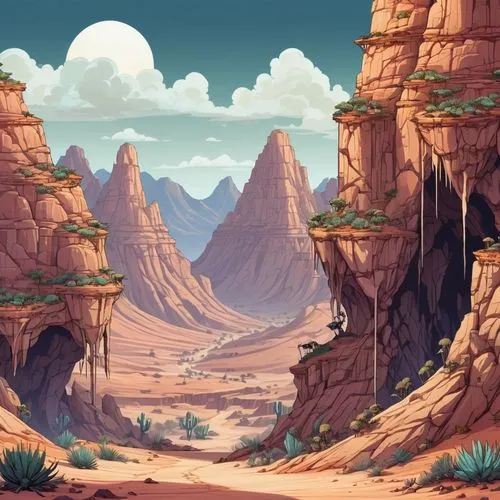 cartoon video game background,desert desert landscape,desert landscape,desert background,arid landscape,moon valley,Illustration,Abstract Fantasy,Abstract Fantasy 11