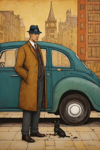 ford prefect,morris minor,morris minor 1000,inspector,ford anglia,austin cambridge,ford pilot,city pigeon,cordwainer,austin 1800,detective,austin a30,citroën,rover 10,austin a35,advertising figure,flat cap,overcoat,trilby,talbot,Art,Artistic Painting,Artistic Painting 49