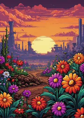 flowerful desert,pixel art,blooming field,mushroom landscape,flower field,dusk background,desert landscape,flowers field,cartoon video game background,field of flowers,retro flowers,desert desert landscape,futuristic landscape,springtime background,oasis,post-apocalyptic landscape,retro background,flower background,purple landscape,flower garden,Unique,Pixel,Pixel 05