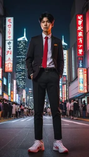 Rad Shiba, Japanese high school student, athletic build, spiky black hair, bright brown eyes, sporty outfit, white shirt, red tie, black blazer, grey pants, sneakers, confident pose, standing, urban c