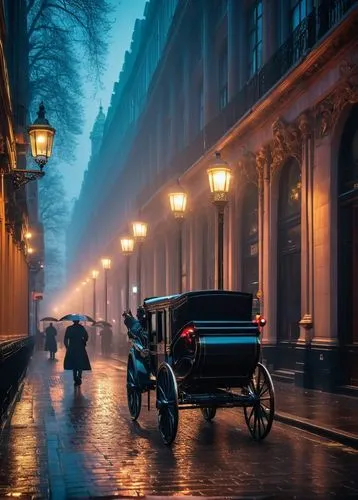 evening atmosphere,horse-drawn carriage,carriage,london,horse carriage,atmospheric,gas lamp,horse drawn carriage,steam car,man with umbrella,city of london,st petersburg,saintpetersburg,blue hour,blue pushcart,saint petersburg,mercedes 170s,paris,carriage ride,park lane,Conceptual Art,Sci-Fi,Sci-Fi 26