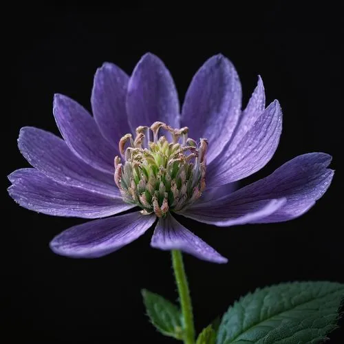 The image shows a close-up view of a small, delicate flower with soft pastel colors against a very dark background, providing a striking contrast. The flower petals are light lavender with subtle pink