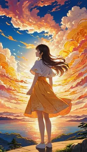 sky,yellow sky,monogatari,beautiful wallpaper,cielo,sun,mikan,kumiko,horizon,summer sky,kururi,orange sky,sakura background,little girl in wind,colorful background,sunset,autumn sky,japanese sakura background,zura,escapism,Illustration,Japanese style,Japanese Style 04