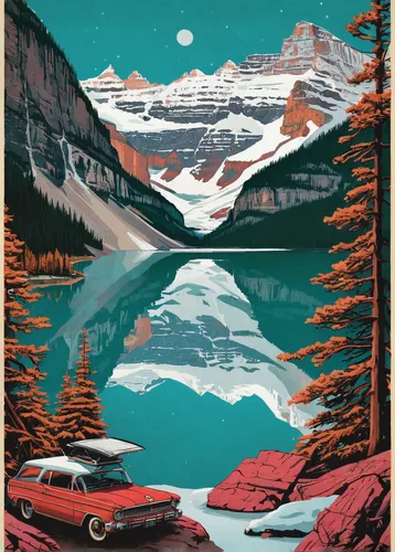 lake louise,lake moraine,travel poster,maligne lake,moraine lake,banff,icefield parkway,lake minnewanka,travel trailer poster,alberta,west canada,bow lake,peyto lake,canada,icefields parkway,two jack lake,canadian rockies,mountain lake,glacial lake,banff alberta,Illustration,American Style,American Style 10