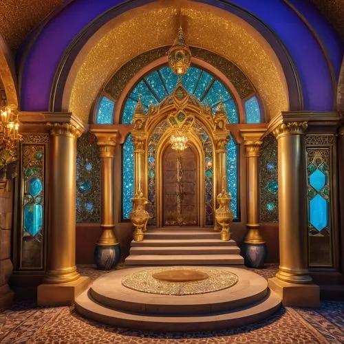 inside a windowless secret passage of an enchanted palace, with fantasy lighting, colorful decor, in a magical setting with futuristic quirky decor, and a small, mythical crown on a center pedestal su