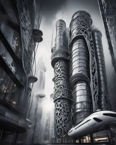 arcology,futuristic architecture,futuristic landscape,unbuilt,morphosis,biomechanical,cybercity,futuristic art museum,sky space concept,urban towers,giger,scifi,sci fi,metropolis,skycycle,sci - fi,bike city,superstructures,urbanworld,city bike,Illustration,Black and White,Black and White 11