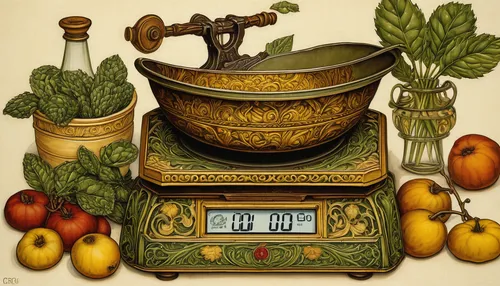 Describe a kitchen scale in a peaceful and serene setting.,kitchen scale,cooking book cover,still-life,cookery,still life with onions,cooking pot,kitchenware,food icons,vintage kitchen,still life,reci