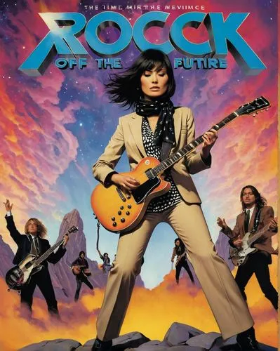 The cover of "Rock of the Future" features a female guitarist with a guitar in her hands, dressed in a tan suit and a black bandana. The guitar's strings are vibrating, and the strings are positioned 