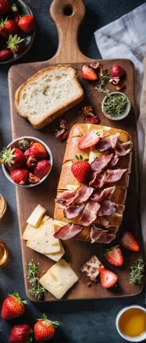 Vibrant colorful still life, overhead shot, shallow depth of field, soft natural light, morning sunlight, wooden cutting board, fresh ingredients, juicy ripe strawberries, crispy bacon slices, melted 