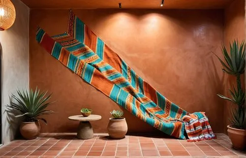 Modern Mexican Interior Design, Living Room, vibrant Mexican textiles, rustic terracotta tiles, lush indoor agave
,a wall hanging on a wall with some potted plants,mexican blanket,missoni,degrazia,kil