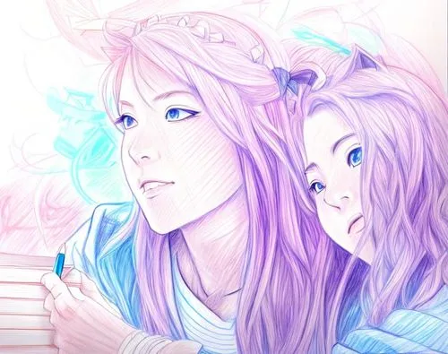 drawing pencil, anime color,prince and princess,fairies,boy and girl,unicorn and rainbow,luka,princesses,fluttering hair,young couple,pastel colors,fantasy portrait,fairytale characters,purple and pin