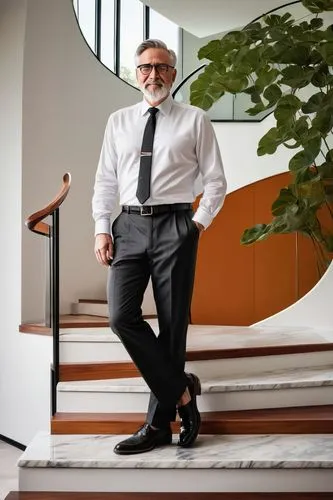 Middle-aged chief architect, 40s, mature, masculine, short hair, glasses, beard, white shirt, black tie, formal pants, leather shoes, standing, hands behind back, confident pose, modern villa, large w