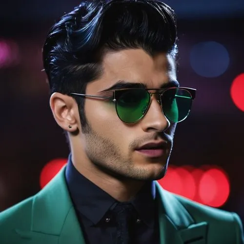 Zayn Malik as Edward Nygma,a man wearing green sunglasses while standing up,zayn,anirudh,zain,sooraj,zayr,jaisingh,Photography,General,Cinematic