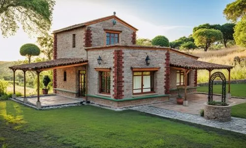 Residencia familiar de campo
Materiales: madera + acero + vidrio + ladrillos vistos  
Agregar entorno: plantas + flores + pajaros + mariposas +  personas,a stone building in an open field,victorian ho