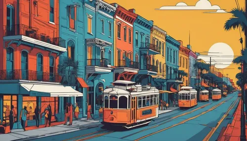 Describe the charming streets and vibrant nightlife of Savannah, GA.,san francisco,travel poster,street car,new orleans,valparaiso,colorful city,sanfrancisco,vector illustration,french quarters,cable 