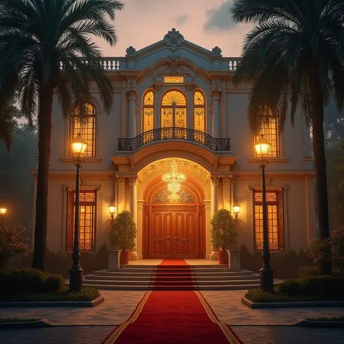 Suburban opera house, grand entrance, ornate facade, Baroque architecture, bright golden lights, red carpet, lavish interior, crystal chandelier, velvet seats, intricate ceiling murals, evening atmosp