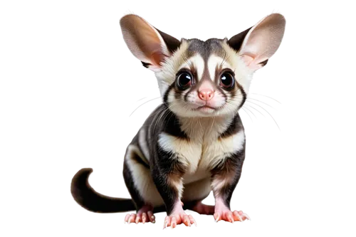 Sugar glider, small mammal, nocturnal, Australia native, fluffy fur, grey and white stripes, big round eyes, tiny nose, cute expression, standing on hind legs, front paws together, curious pose, soft 