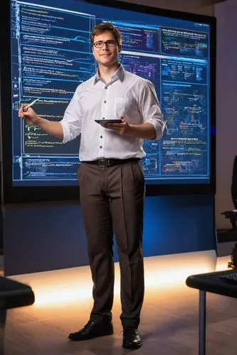 Modern software architect, standing in front of a large screen displaying complex system diagrams, wearing black-framed glasses, short brown hair, casual business attire with a white shirt and dark bl