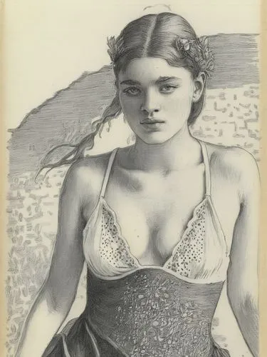 colville,vintage drawing,silverpoint,nomellini,girl on the dune,chromolithography,Illustration,Black and White,Black and White 24