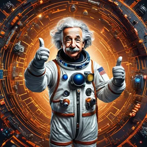 albert einstein smiling and giving a thumbs up sign dressed as an astronaut, his face appears behind the astronaut helmet,einstein,astronautical,cosmologist,einsteinium,astrobiologist,astronautic,elec